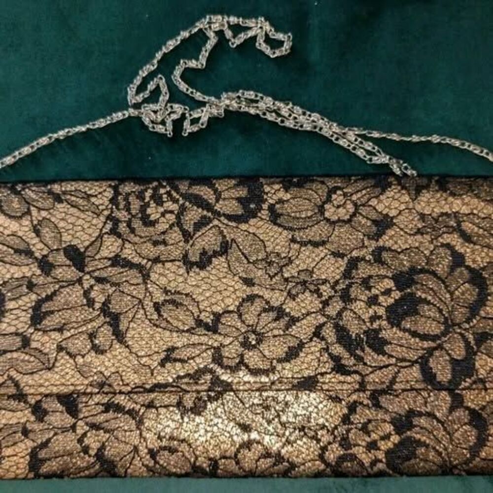 Vintage Black and Rose Gold Floral Lace Envelope Clutch Purse